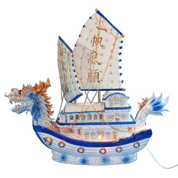Chinese Porcelain Dragon Boat  Ship Lighted Sculpture TV  Lamp  24K Gold Vintage - Picture 2 of 16